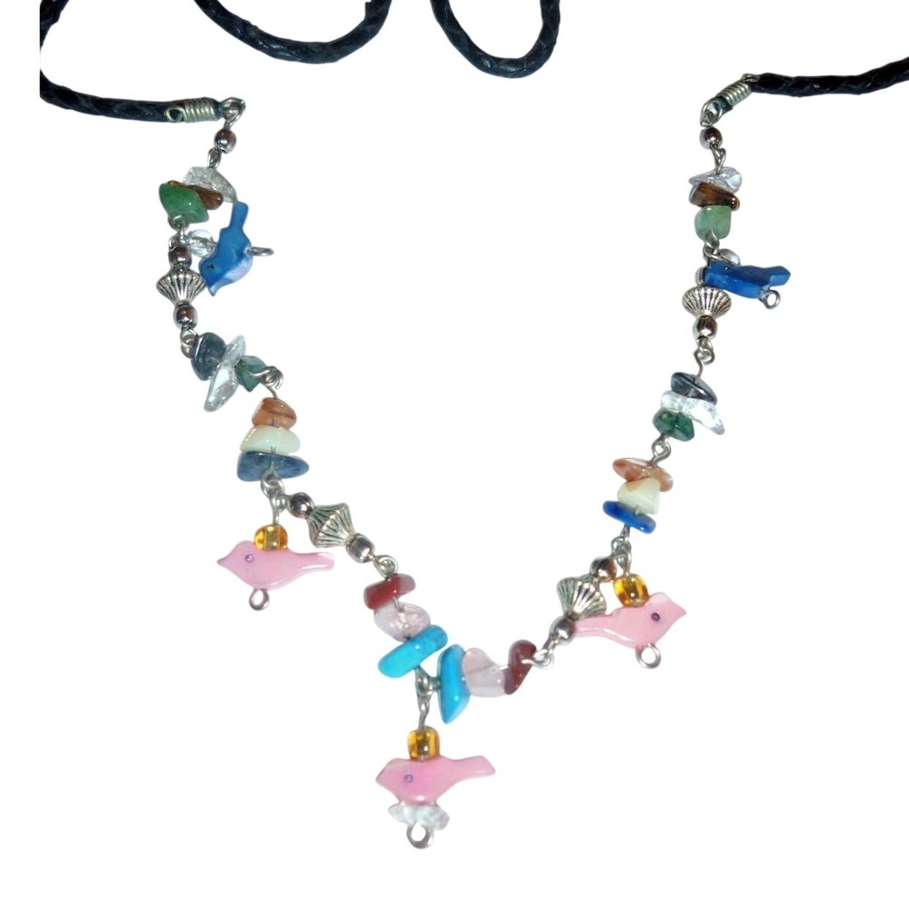 Vintage Boho Gemstone‎ Chip Bird Charm Cord Necklace Multicolor 18 Inch
